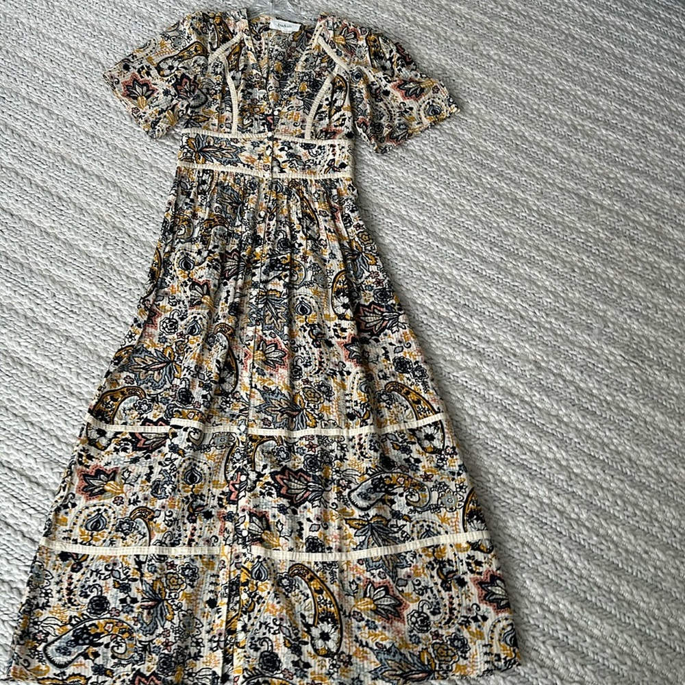 ba&sh Cream Paisley Maxi Dress with Mustard and Navy Accents
